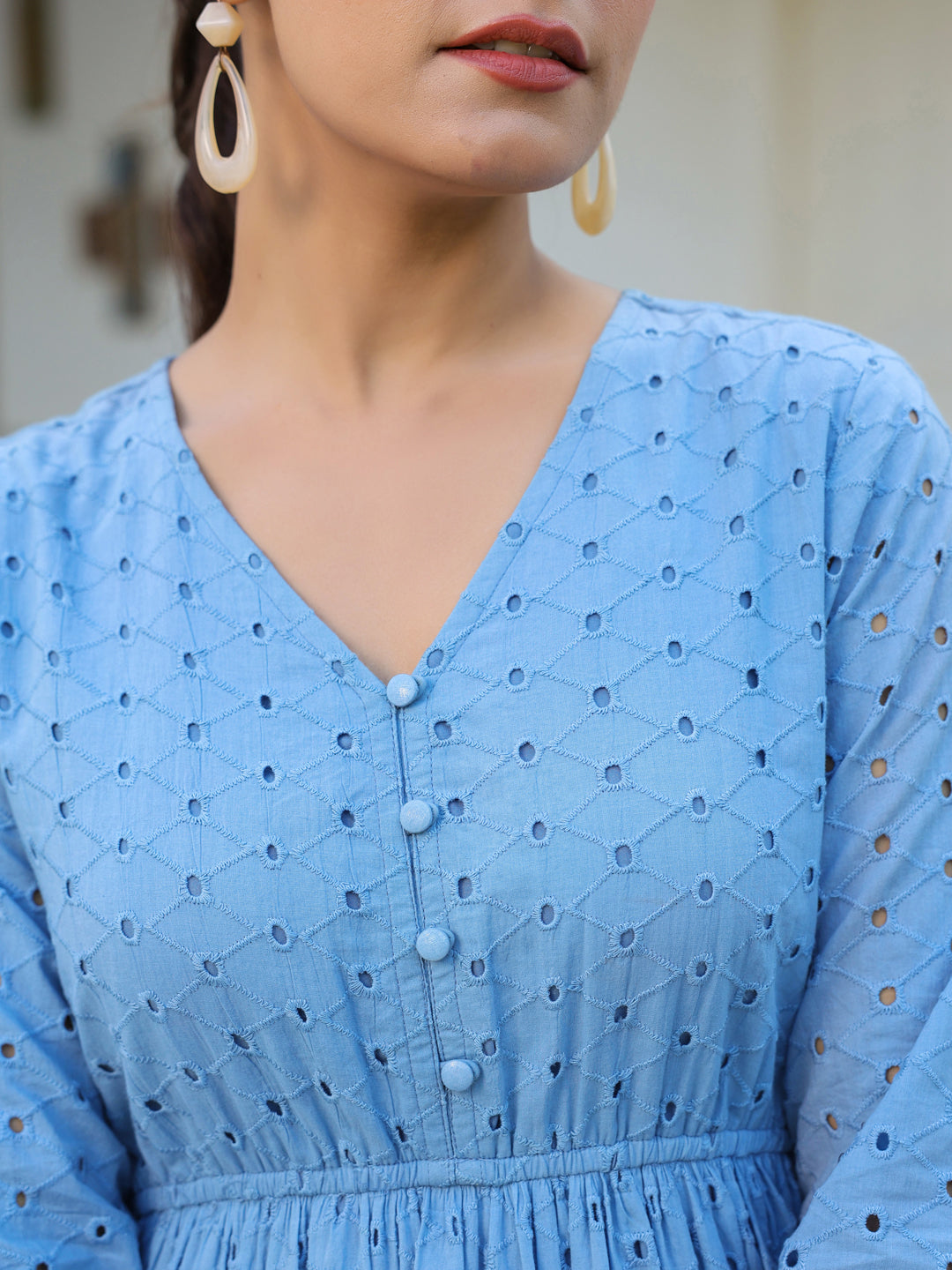 Janasya Women's Light Blue Pure Cotton Schiffli Fit & Flare Dress - qivii