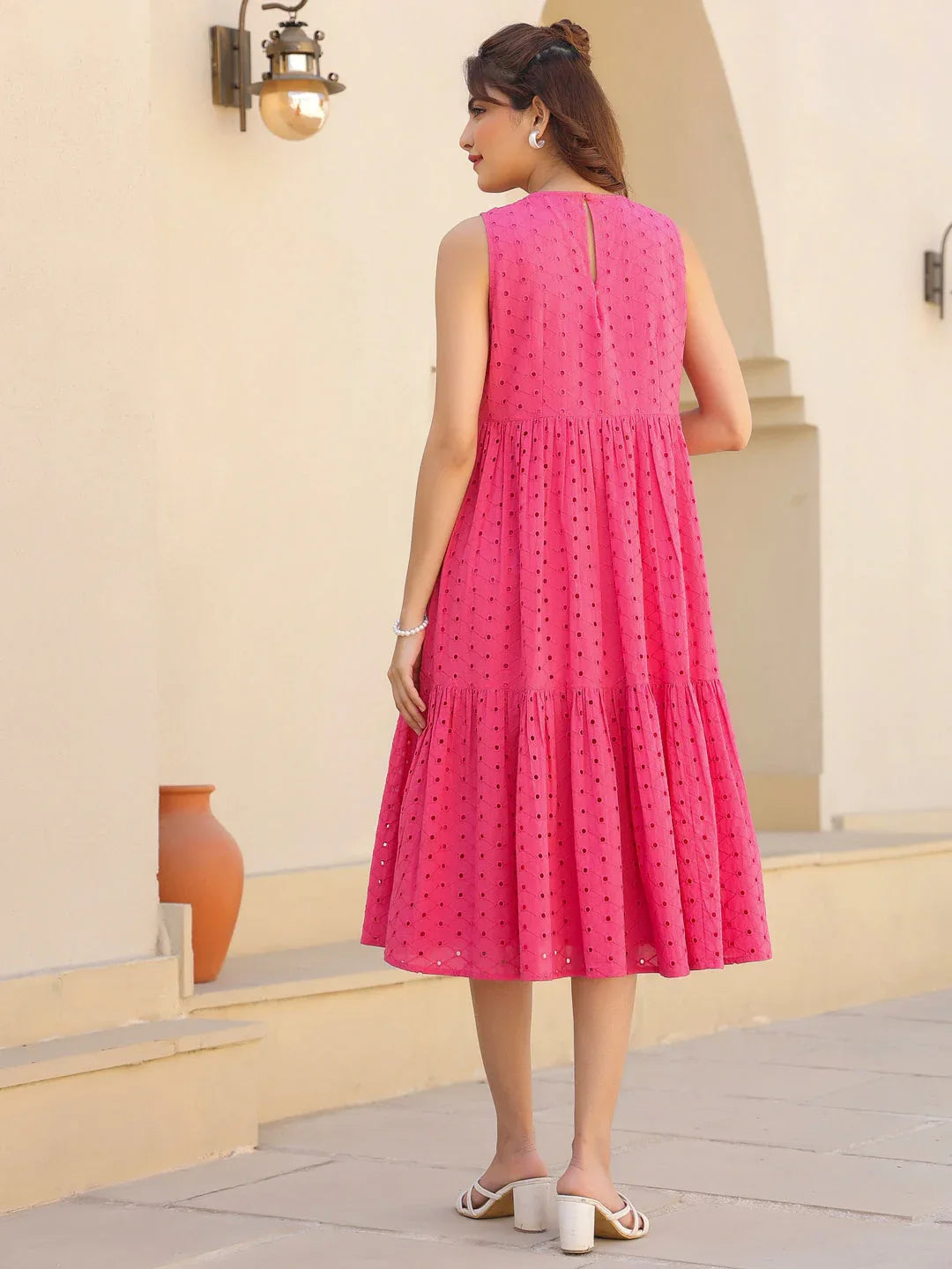 Janasya Women's Pink Pure Cotton Schiffli Tiered Dress
