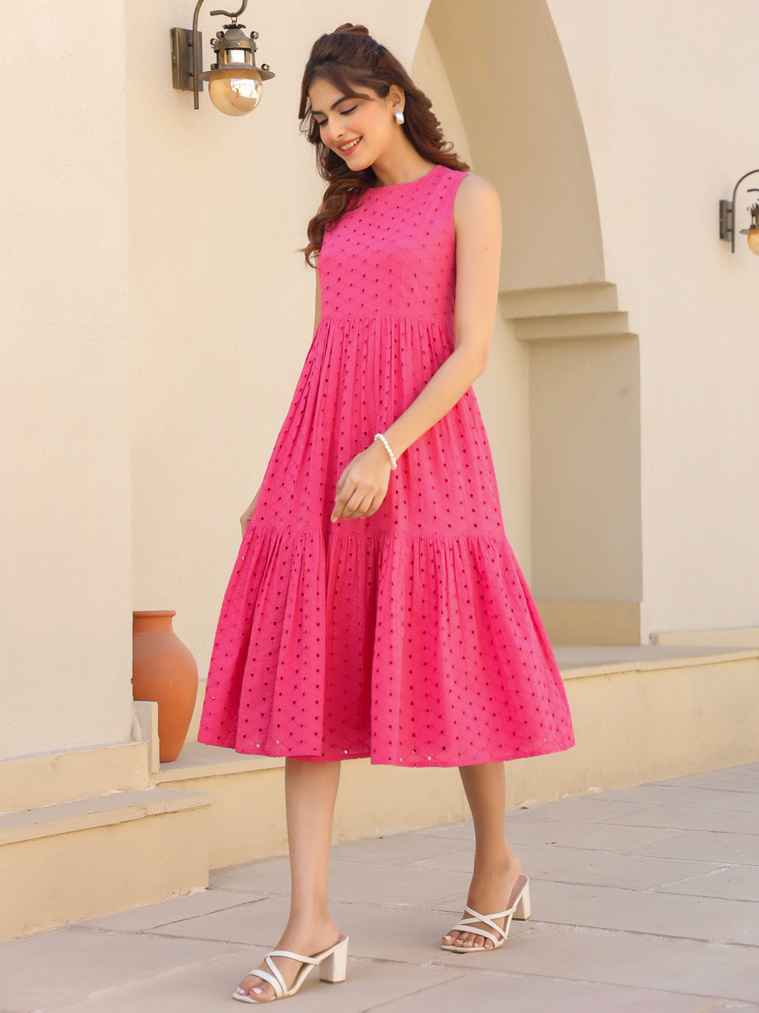 Janasya Women's Pink Pure Cotton Schiffli Tiered Dress - qivii