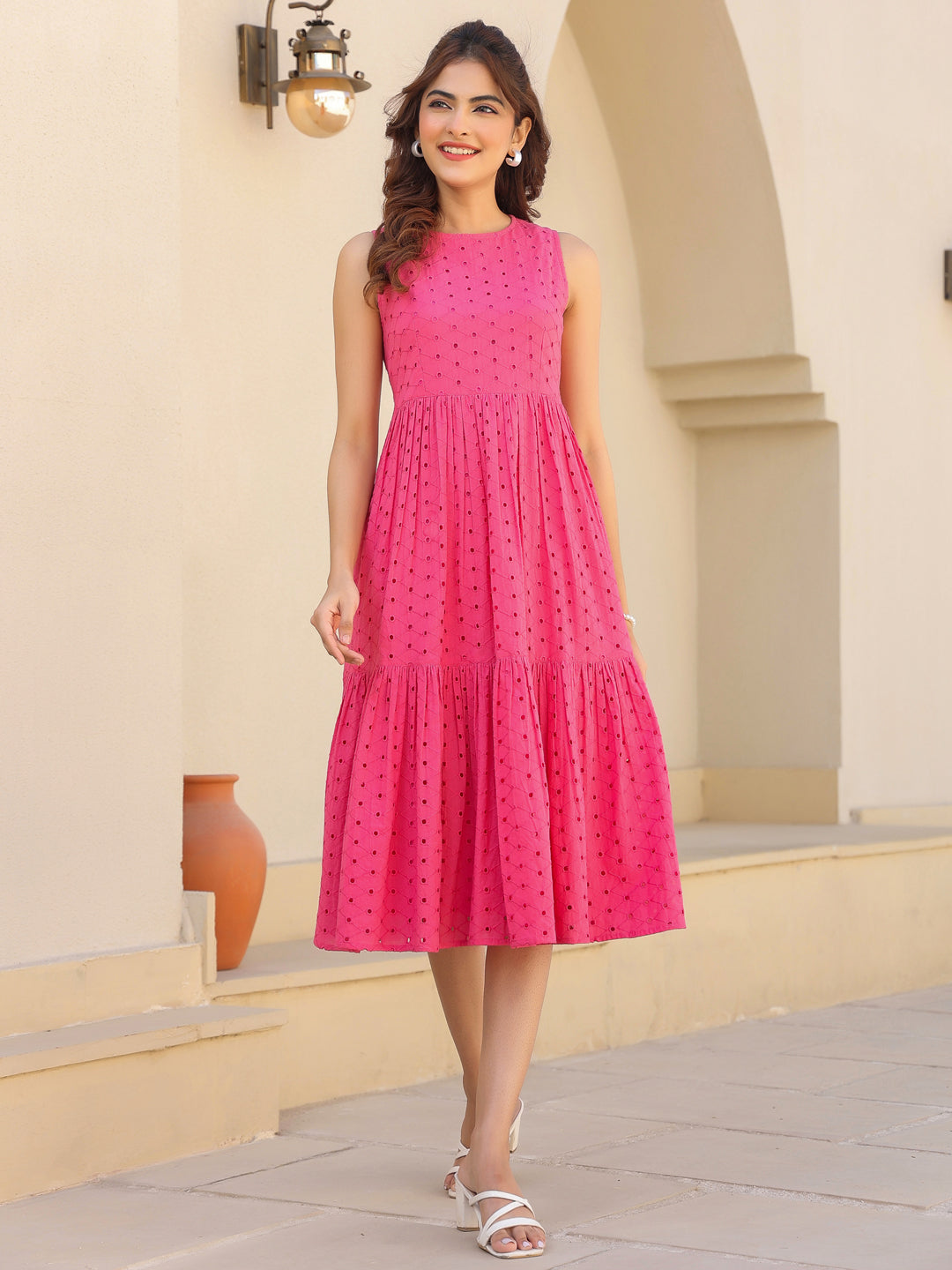 Janasya Women's Pink Pure Cotton Schiffli Tiered Dress - qivii