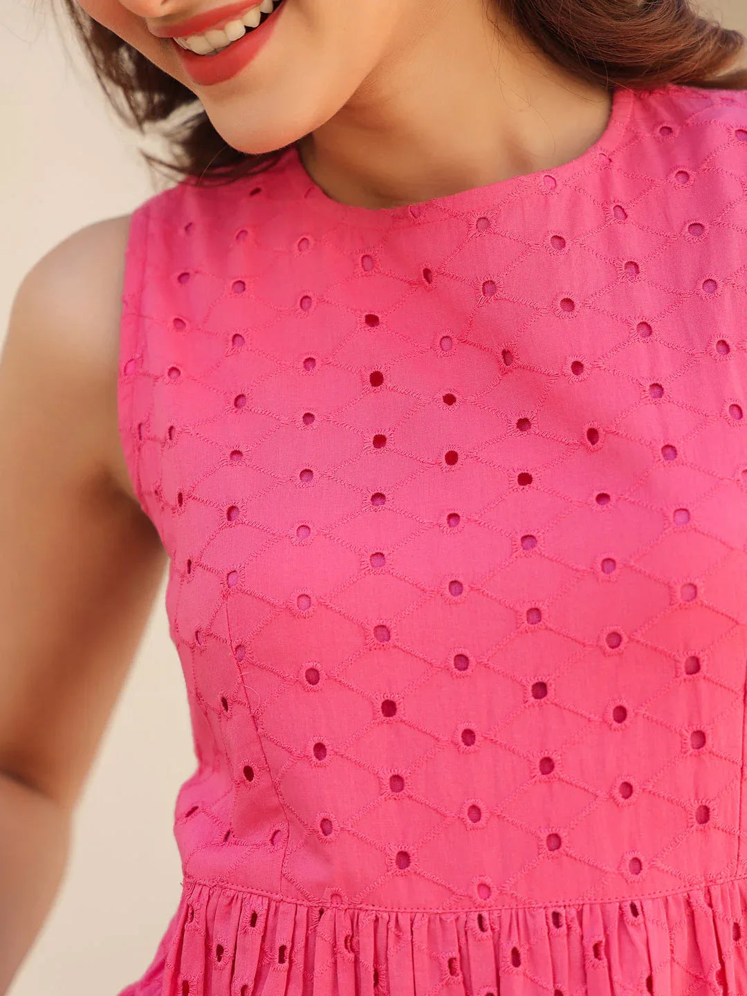 Janasya Women's Pink Pure Cotton Schiffli Tiered Dress