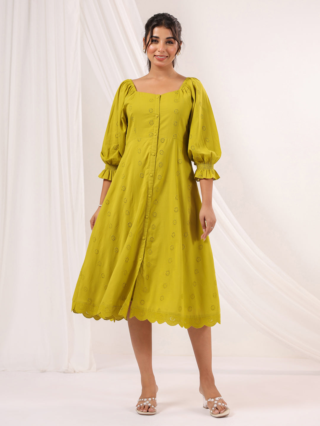 Janasya Women's Lime Green Pure Cotton Schiffli A line Dress - qivii