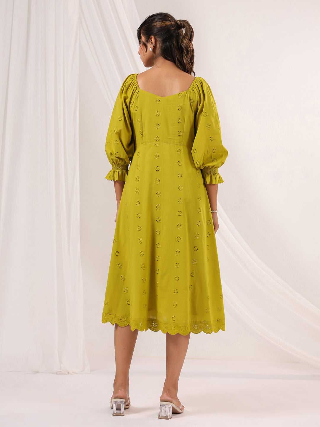 Janasya Women's Lime Green Pure Cotton Schiffli A line Dress - qivii