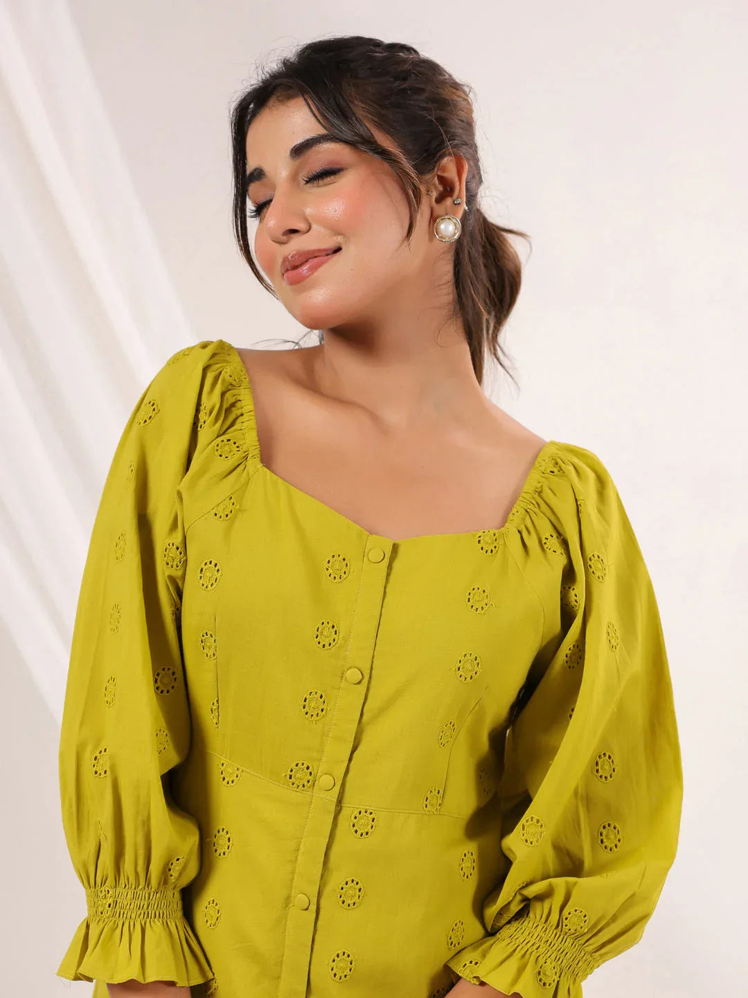Janasya Women's Lime Green Pure Cotton Schiffli A line Dress