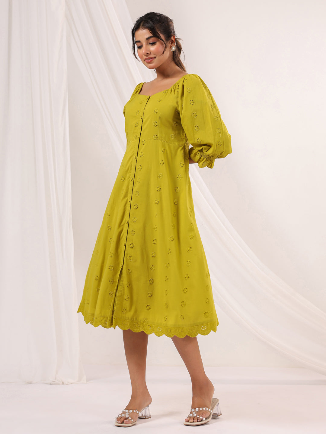 Janasya Women's Lime Green Pure Cotton Schiffli A line Dress - qivii