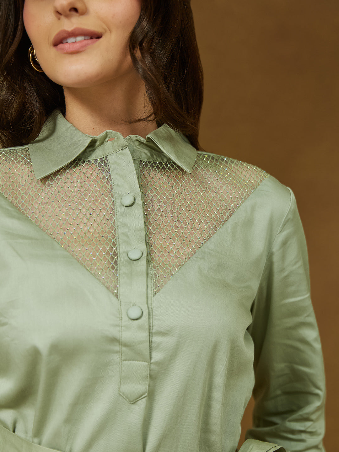 Janasya Women's Sage Green Cotton Embellished A-line Tie-up Dress - qivii