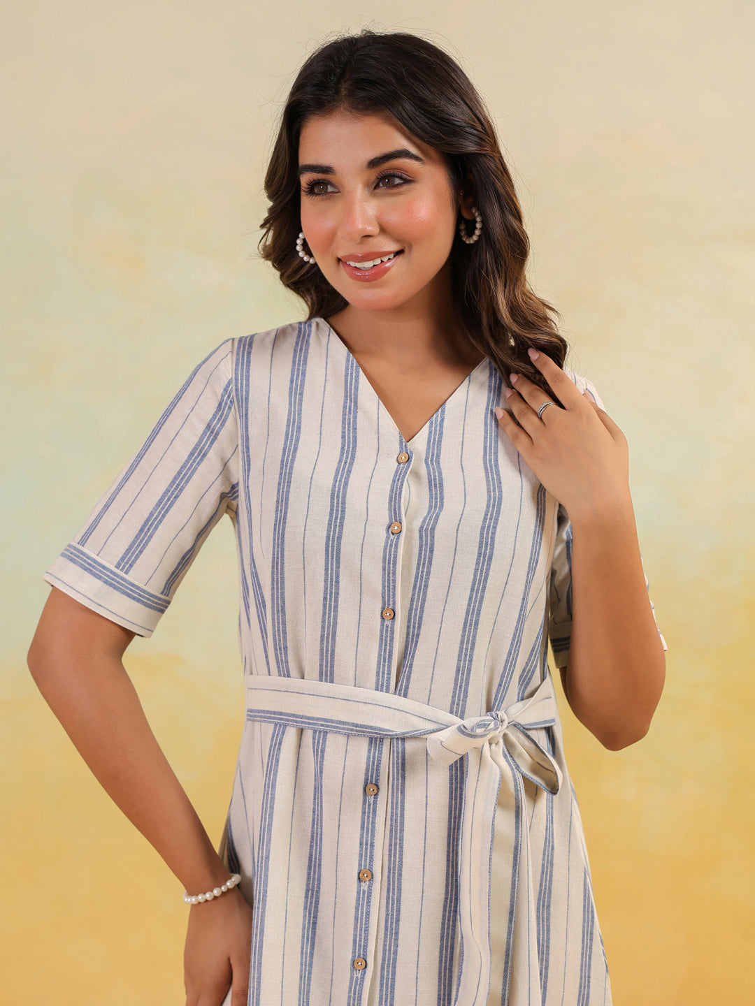 Janasya Women's White & Blue Cotton Striped Button Down A-line Dress - qivii