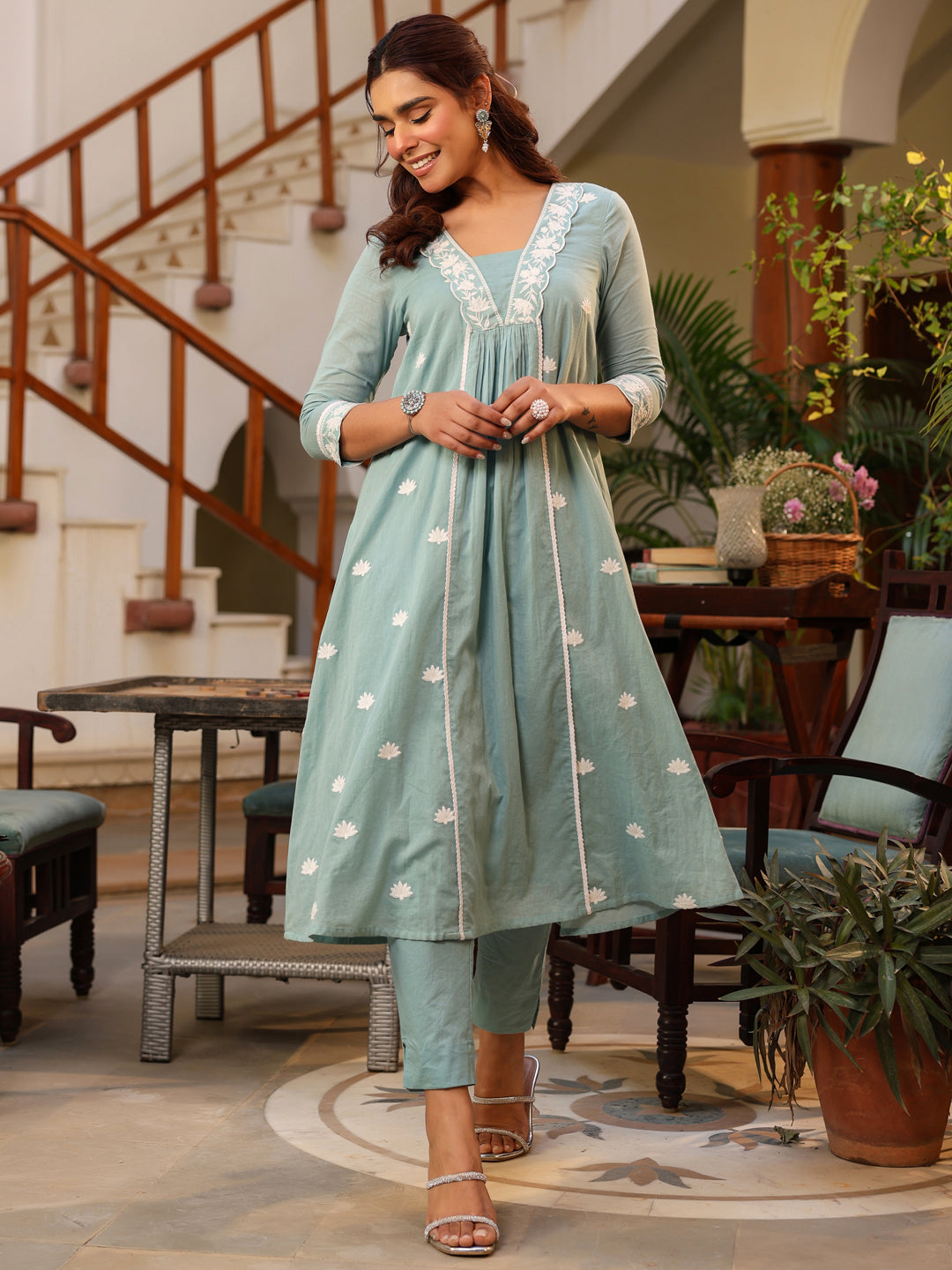 Light Blue Pure Cotton Embroidered A-line Kurta Pant Set - qivii