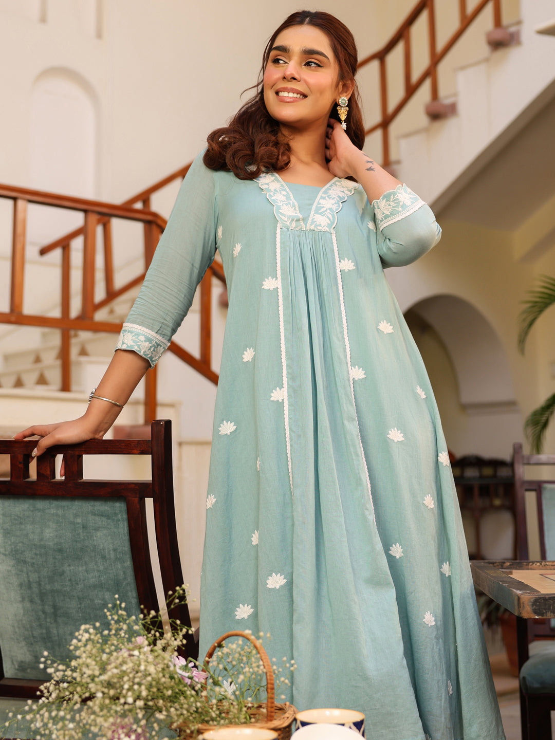 Light Blue Pure Cotton Embroidered A-line Kurta Pant Set - qivii