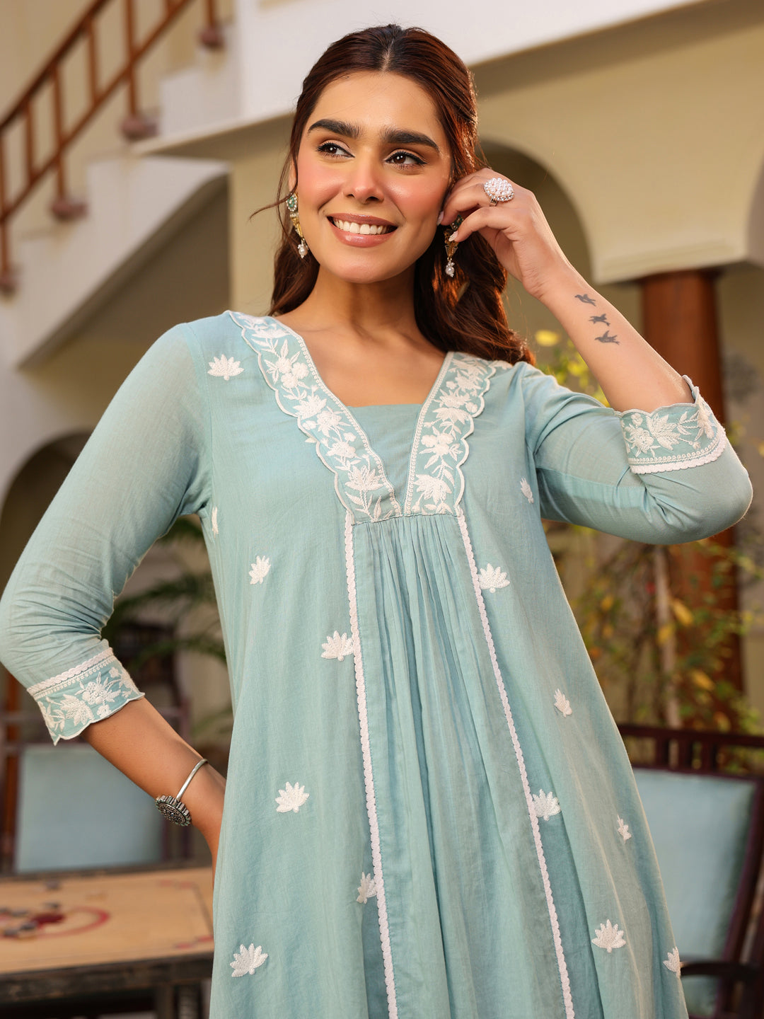 Light Blue Pure Cotton Embroidered A-line Kurta Pant Set - qivii