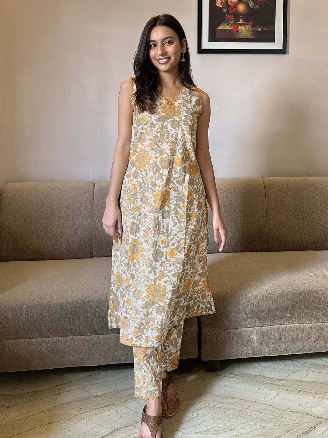 White Pure Cotton Floral Printed Straight Kurta Set