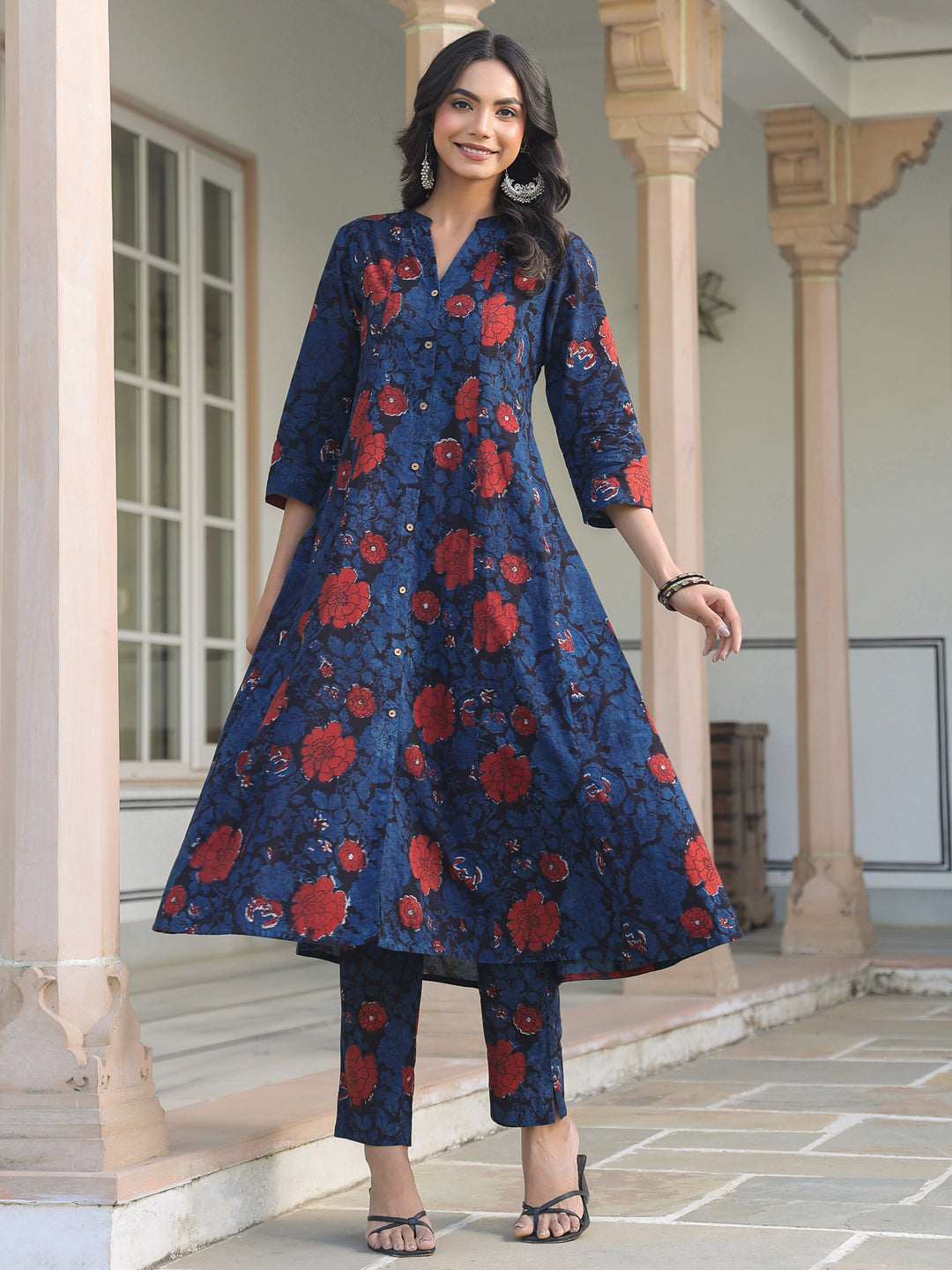 Navy Blue Pure Cotton Floral Printed A-line Kurta Pant Set - qivii