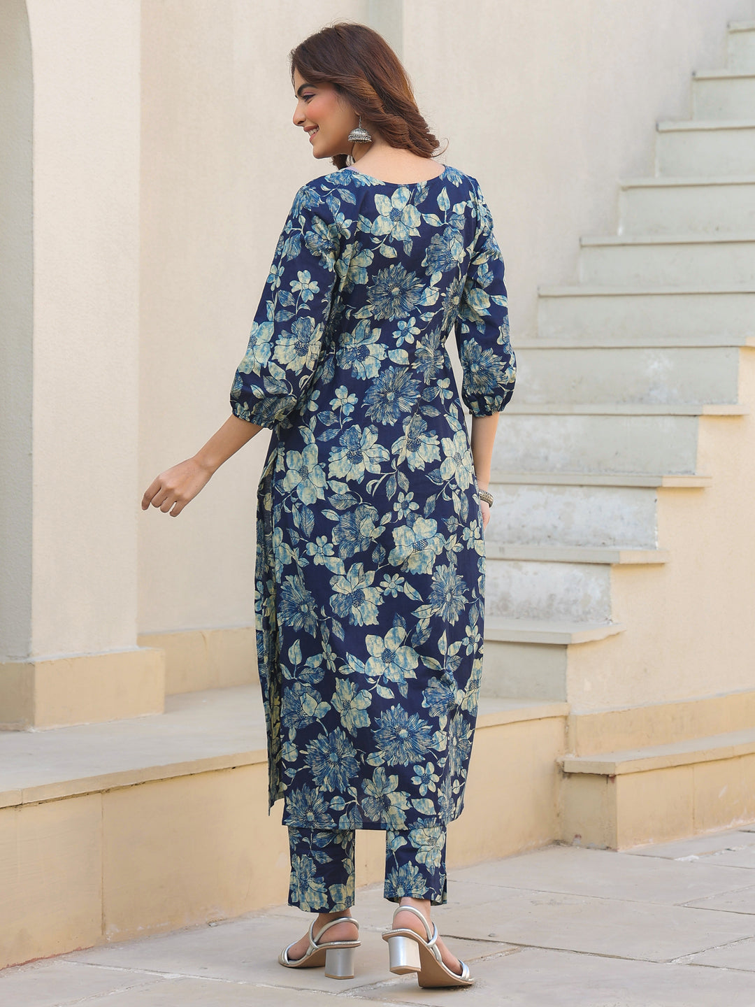 Indigo Pure Cotton Floral Printed Straight Kurta Pant Set - qivii