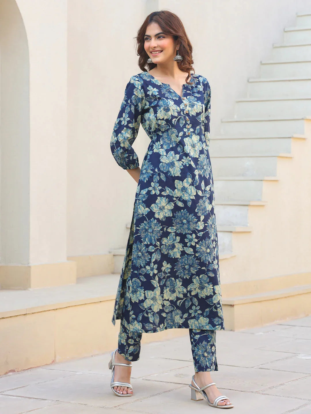 Indigo Pure Cotton Floral Printed Straight Kurta Pant Set