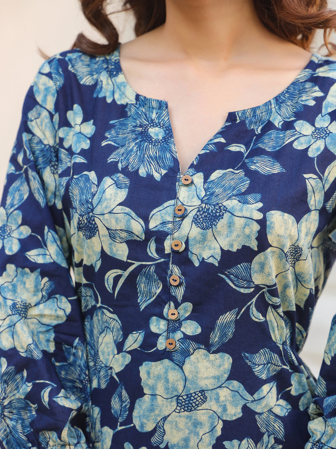 Indigo Pure Cotton Floral Printed Straight Kurta Pant Set - qivii