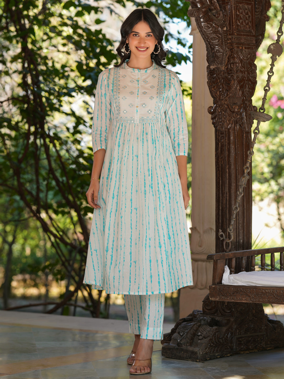 White Pure Cotton Tie & Dye Mirror Work A-Line Kurta Set - qivii