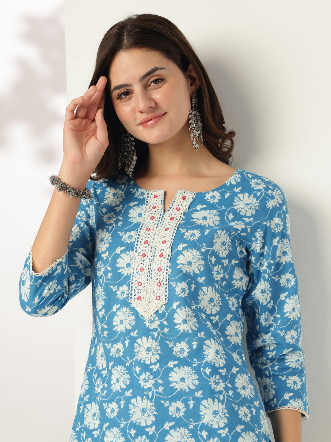 Blue Pure Cotton Floral Printed Straight Kurta Pant Set - qivii