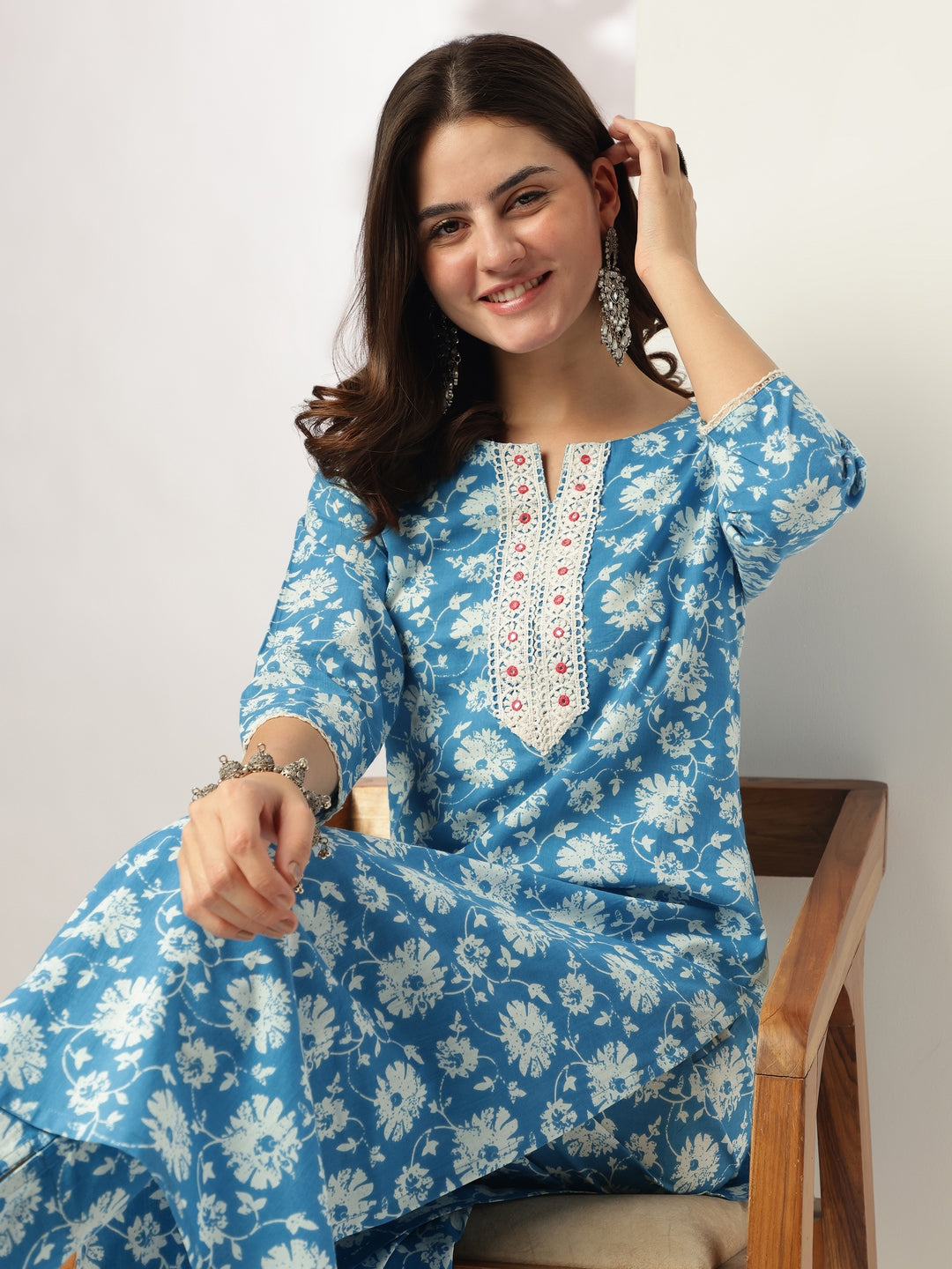 Blue Pure Cotton Floral Printed Straight Kurta Pant Set - qivii