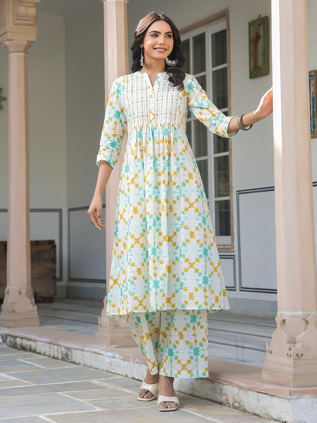 White Pure Cotton Yoke Embroidered Abstract Printed A-line Kurta Pant Set - qivii