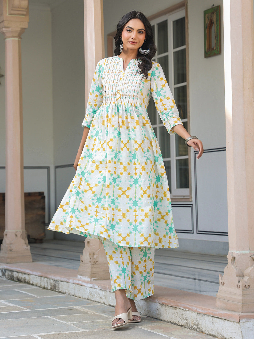 White Pure Cotton Yoke Embroidered Abstract Printed A-line Kurta Pant Set - qivii