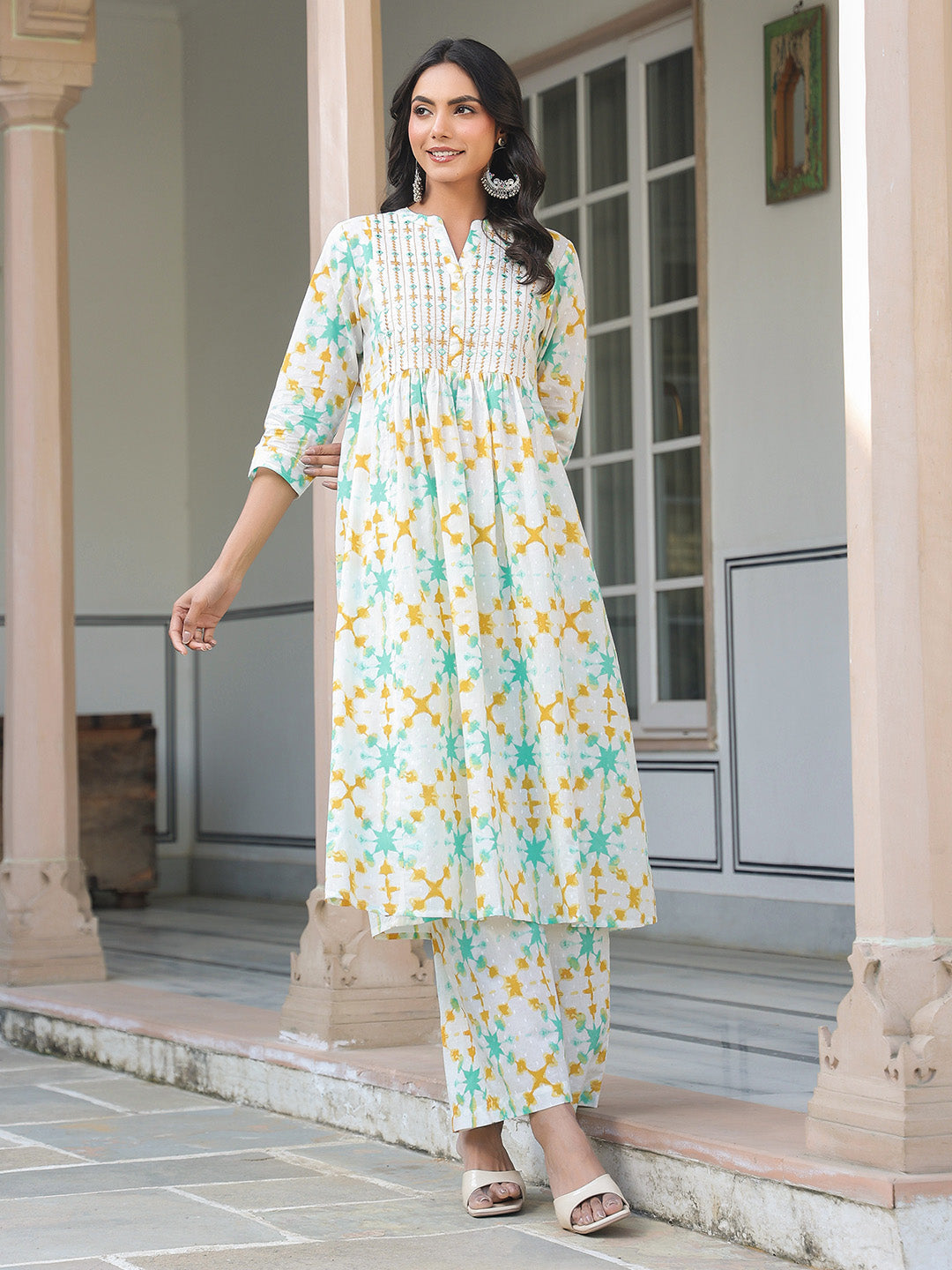 White Pure Cotton Yoke Embroidered Abstract Printed A-line Kurta Pant Set - qivii