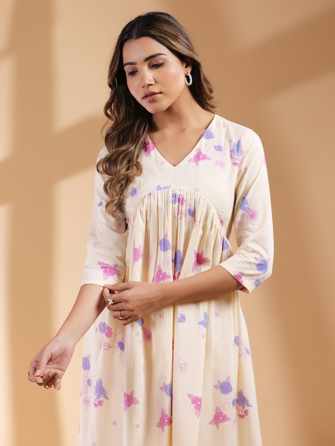 Cream Pure Cotton Floral Printed A-line Kurta Set - qivii