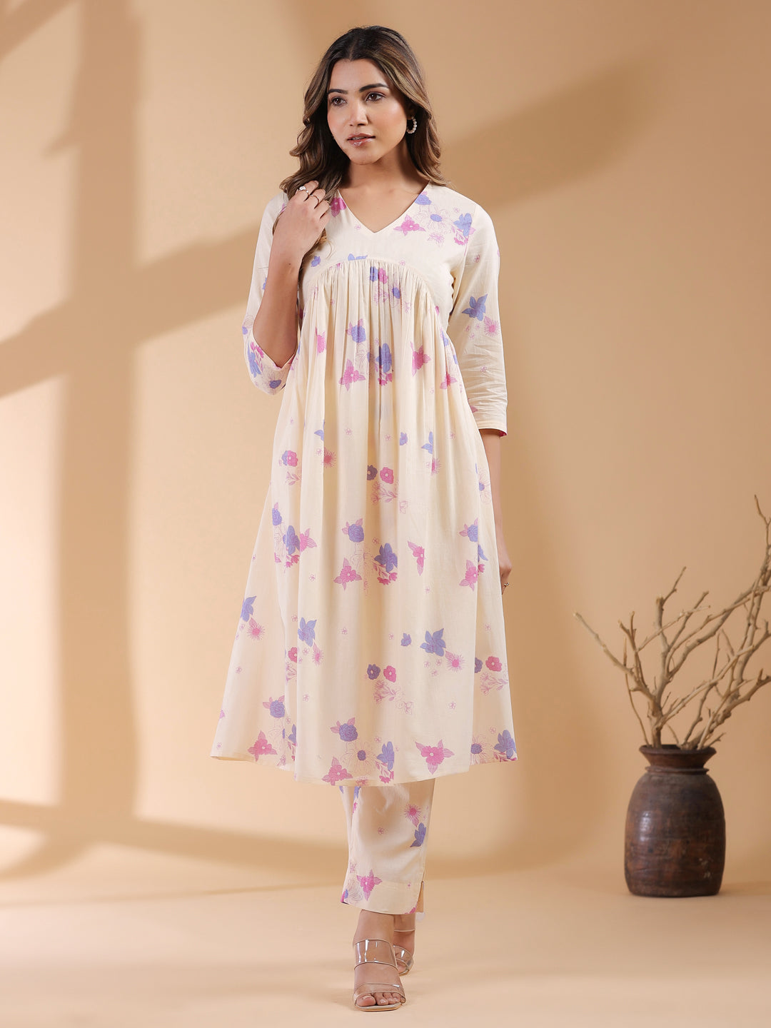 Cream Pure Cotton Floral Printed A-line Kurta Set - qivii