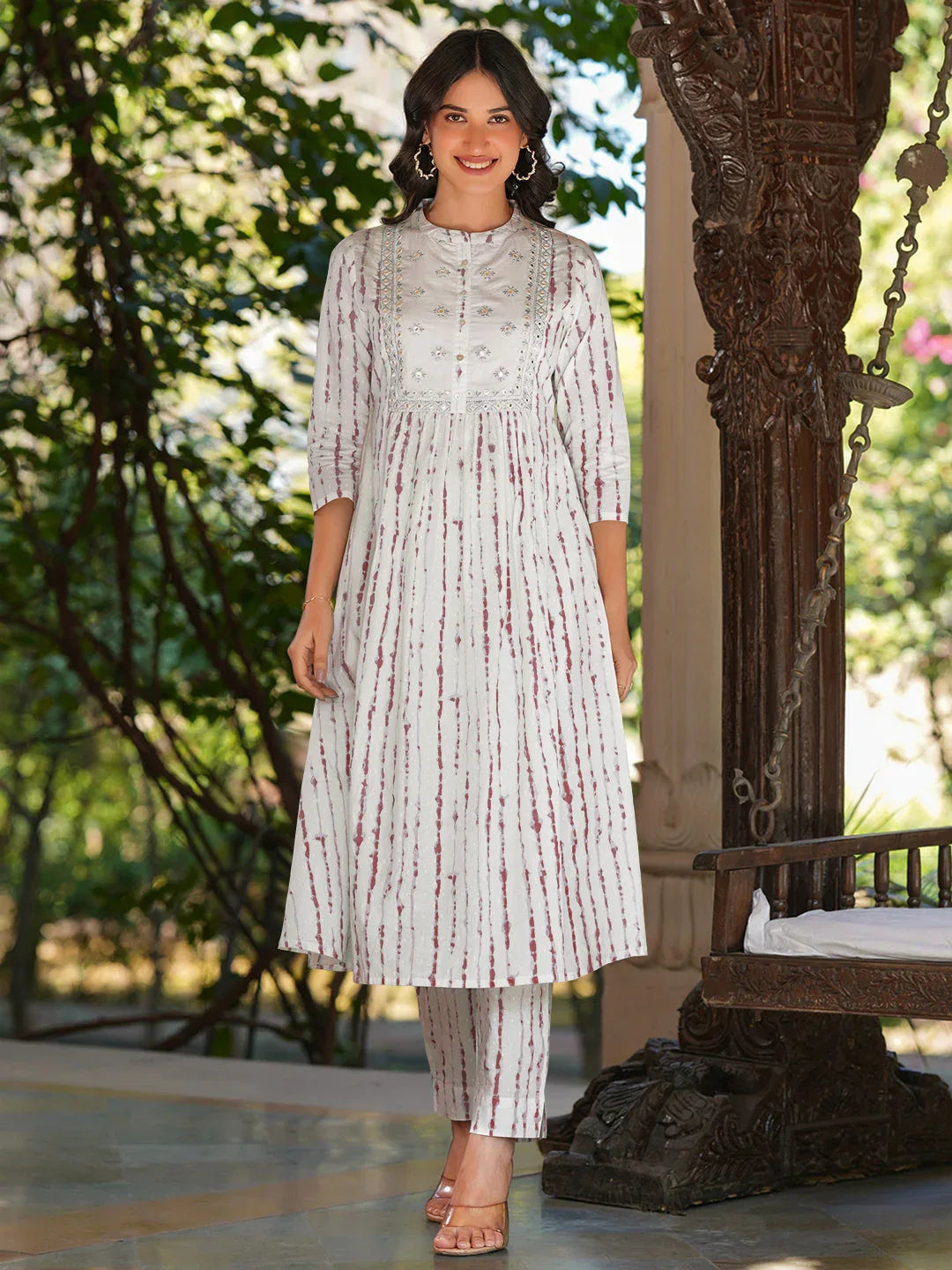Janasya Women's White Pure Cotton Tie & Dye With Mirror Work A-line Kurta Pant Set