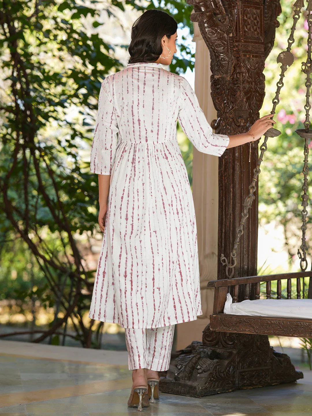 Janasya Women's White Pure Cotton Tie & Dye With Mirror Work A-line Kurta Pant Set
