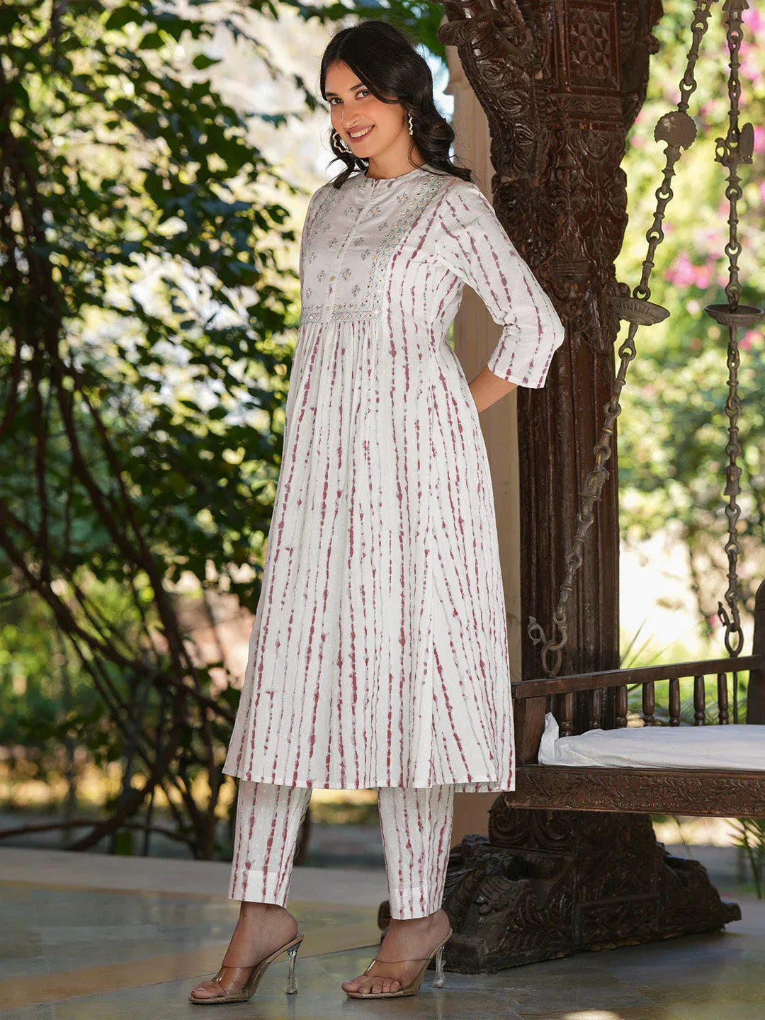 Janasya Women's White Pure Cotton Tie & Dye With Mirror Work A-line Kurta Pant Set