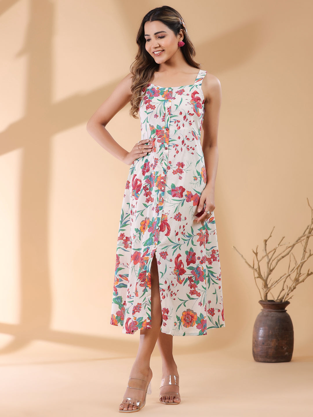 Off White Pure Cotton Floral Printed A-line Dress - qivii