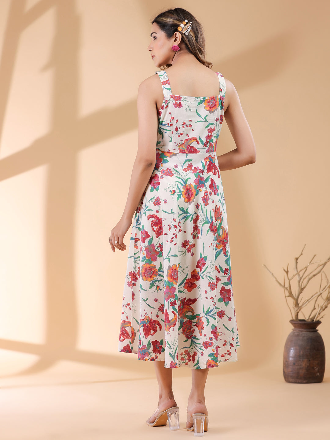 Off White Pure Cotton Floral Printed A-line Dress - qivii