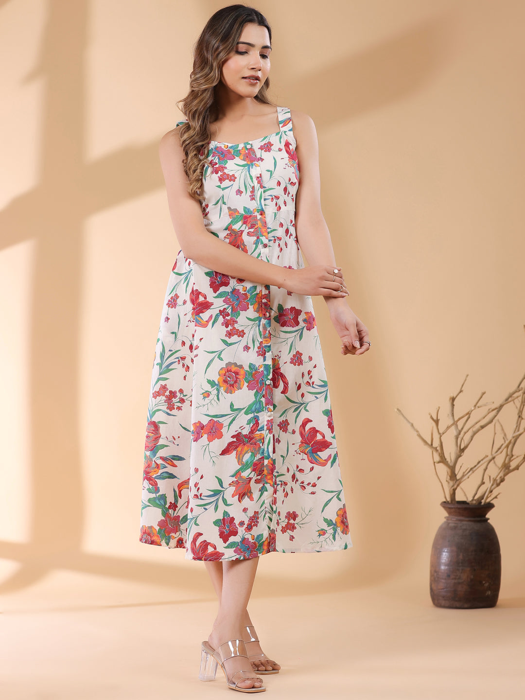 Off White Pure Cotton Floral Printed A-line Dress - qivii