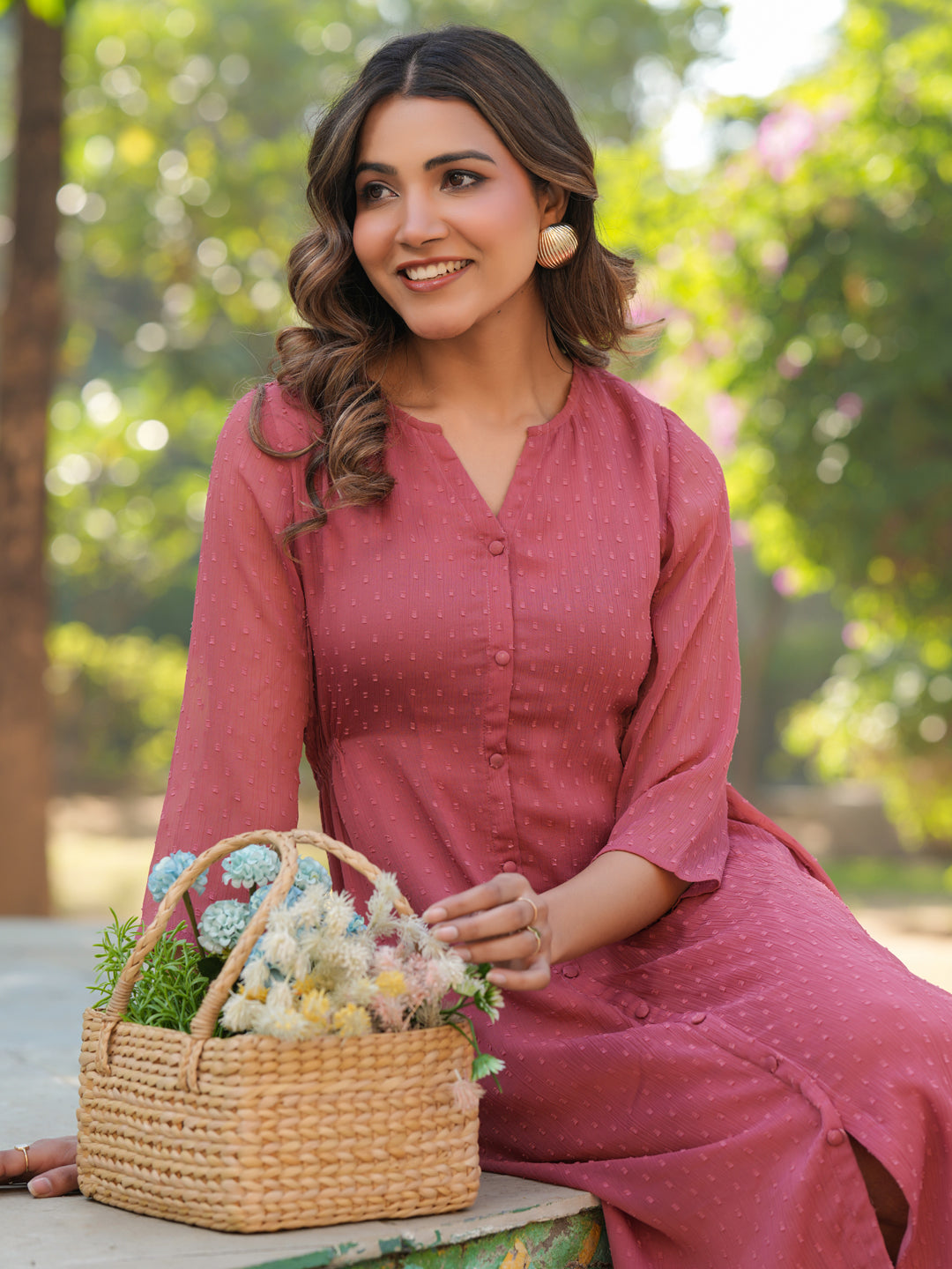 Mauve Dobby Chiffon Self Design A-line Dress - qivii