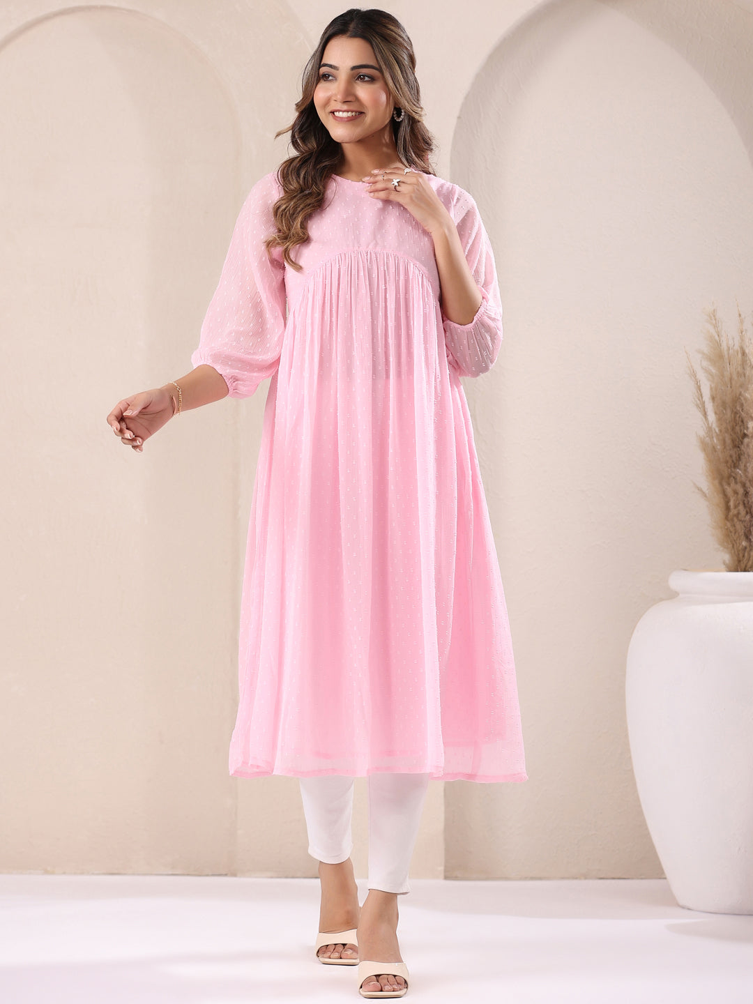 Baby Pink Dobby Chiffon Self Design A-Line Kurta - qivii