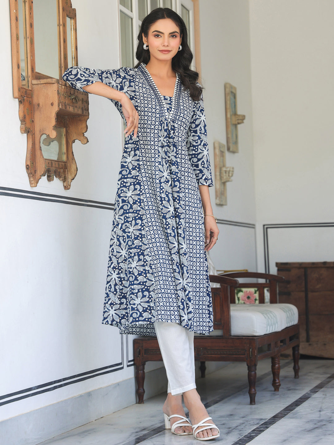 Navy Blue Pure Cotton Yoke Embroidery Floral A-line Kurta - qivii