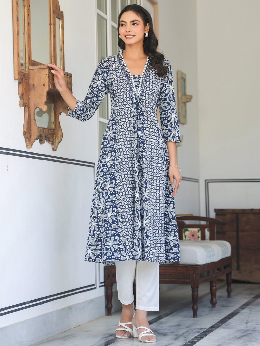 Navy Blue Pure Cotton Yoke Embroidery Floral A-line Kurta - qivii