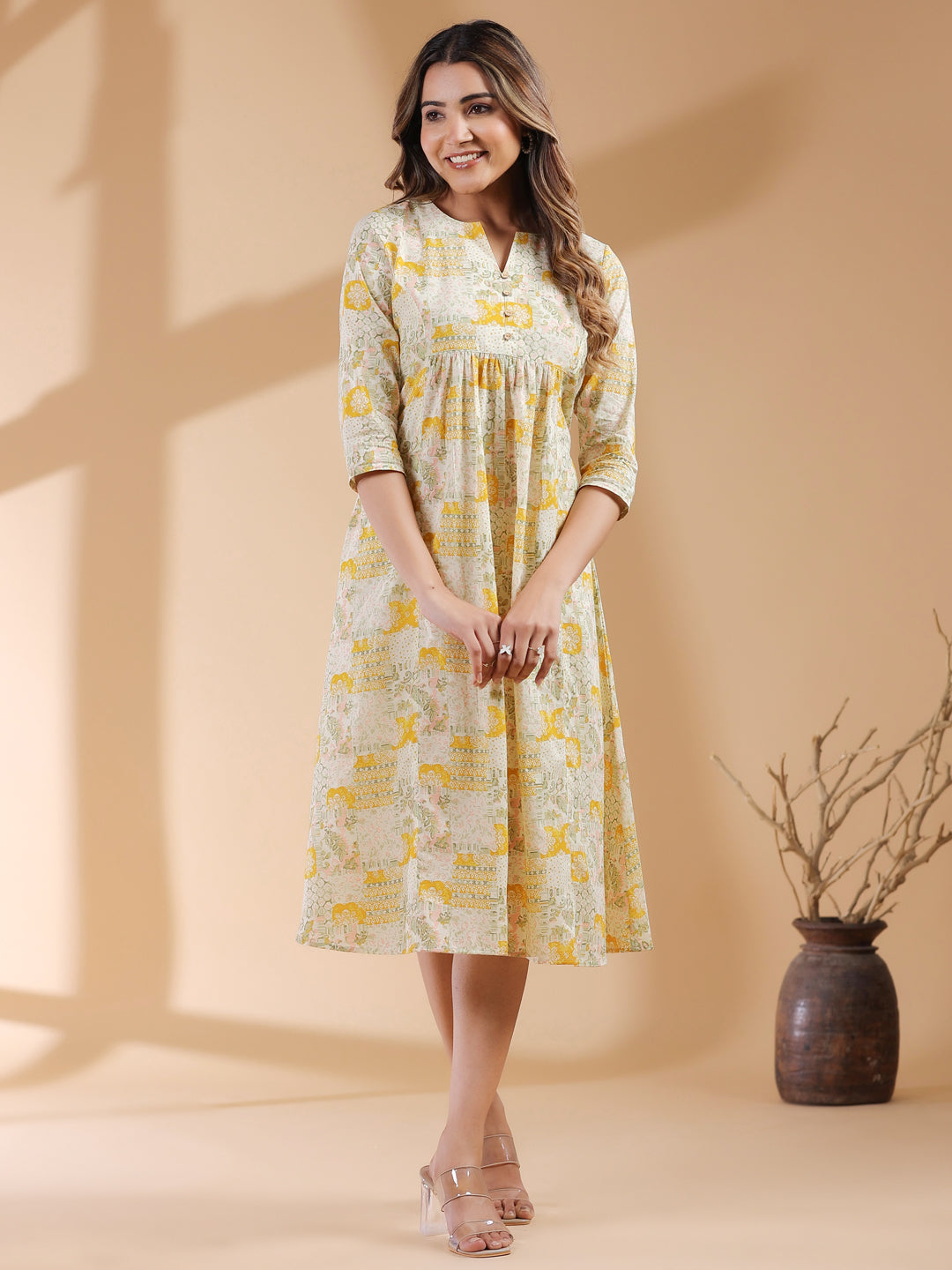 Mustard Pure Cotton Ethnic Motifs Printed A-line Dress - qivii
