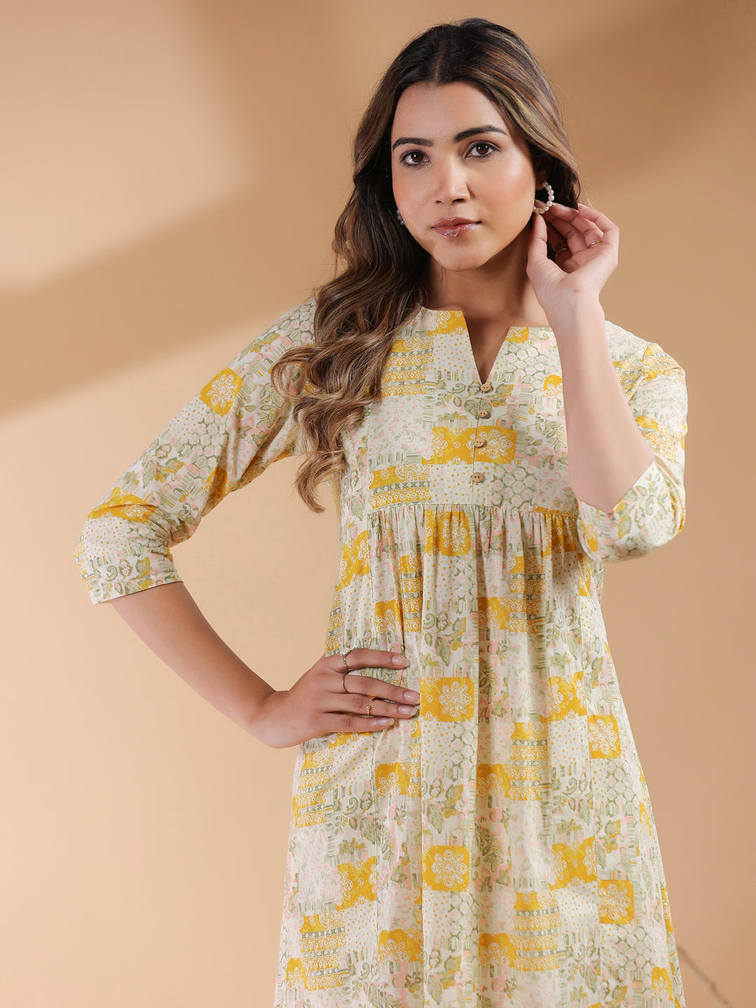 Mustard Pure Cotton Ethnic Motifs Printed A-line Dress - qivii