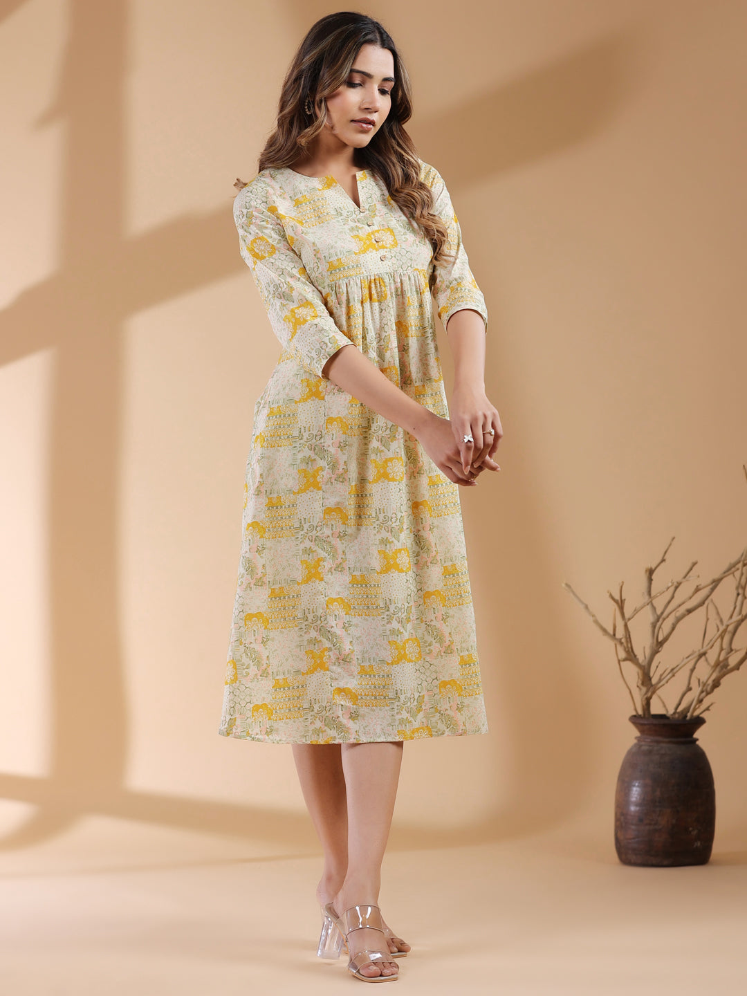 Mustard Pure Cotton Ethnic Motifs Printed A-line Dress - qivii