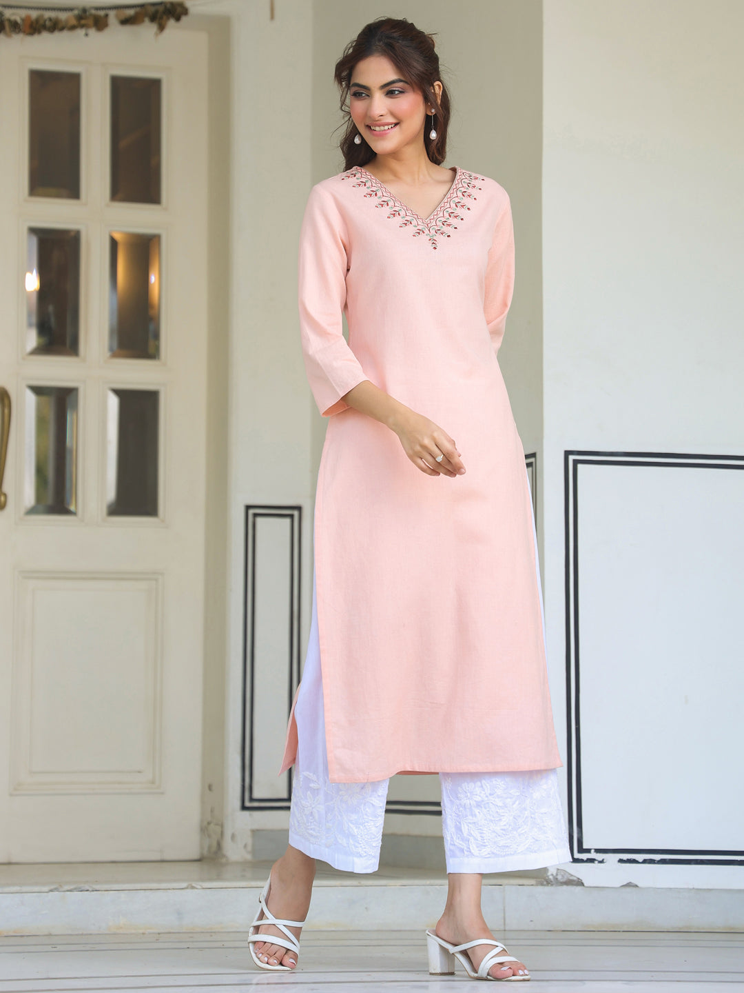 Janasya Women's Peach Cotton Yoke Embroidered Straight Kurta - qivii