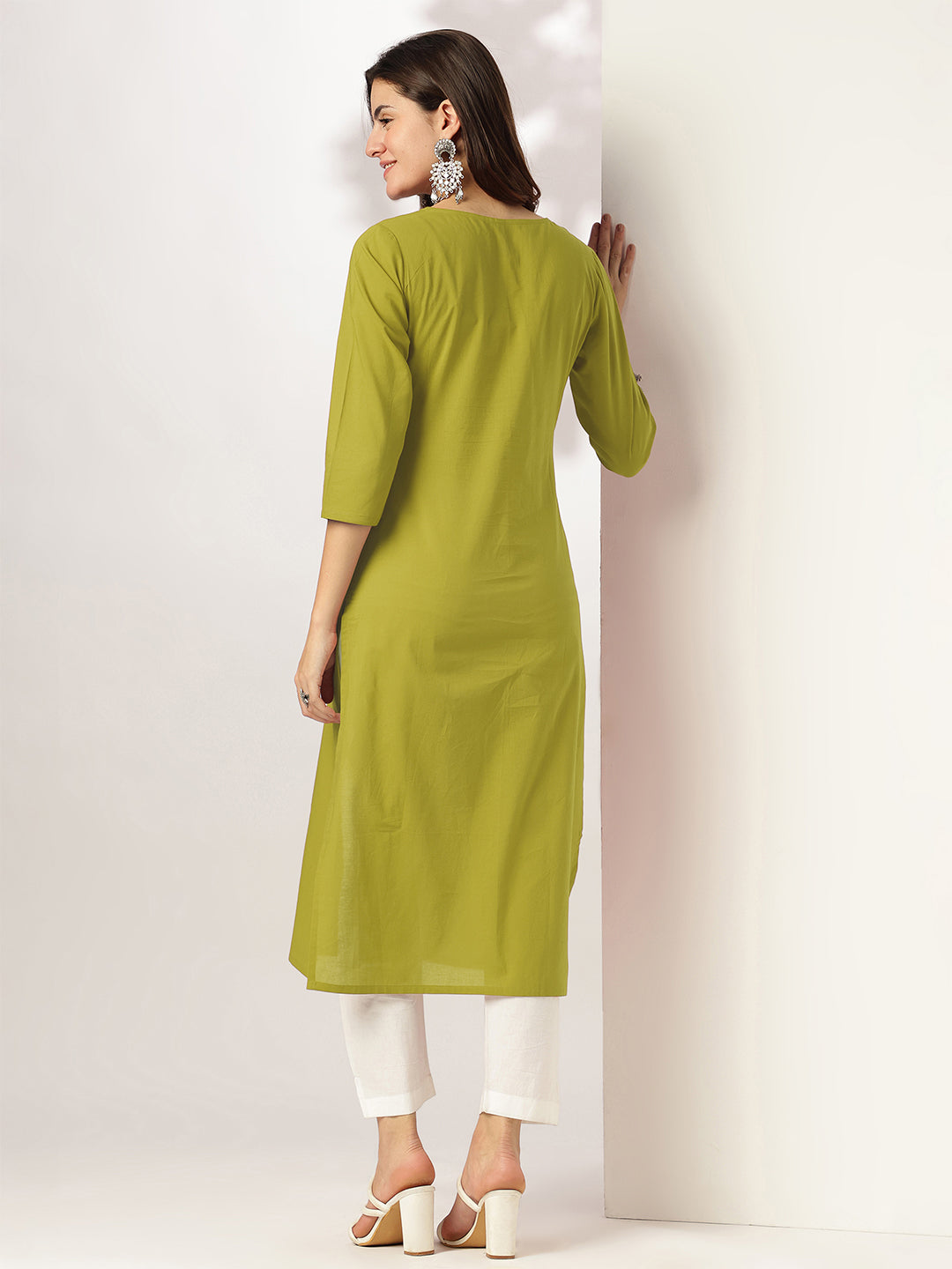 Janasya Women's Lime Green Pure Cotton Yoke Embroidered Straight Kurta - qivii