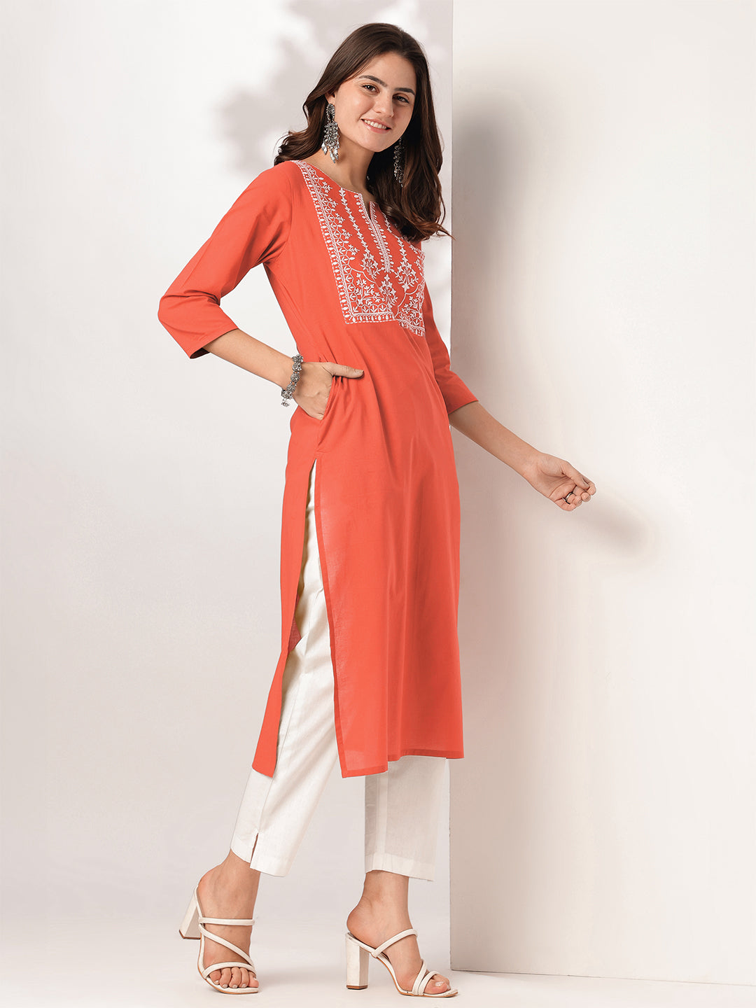 Janasya Women's Rust Pure Cotton Yoke Embroidered Straight Kurta - qivii