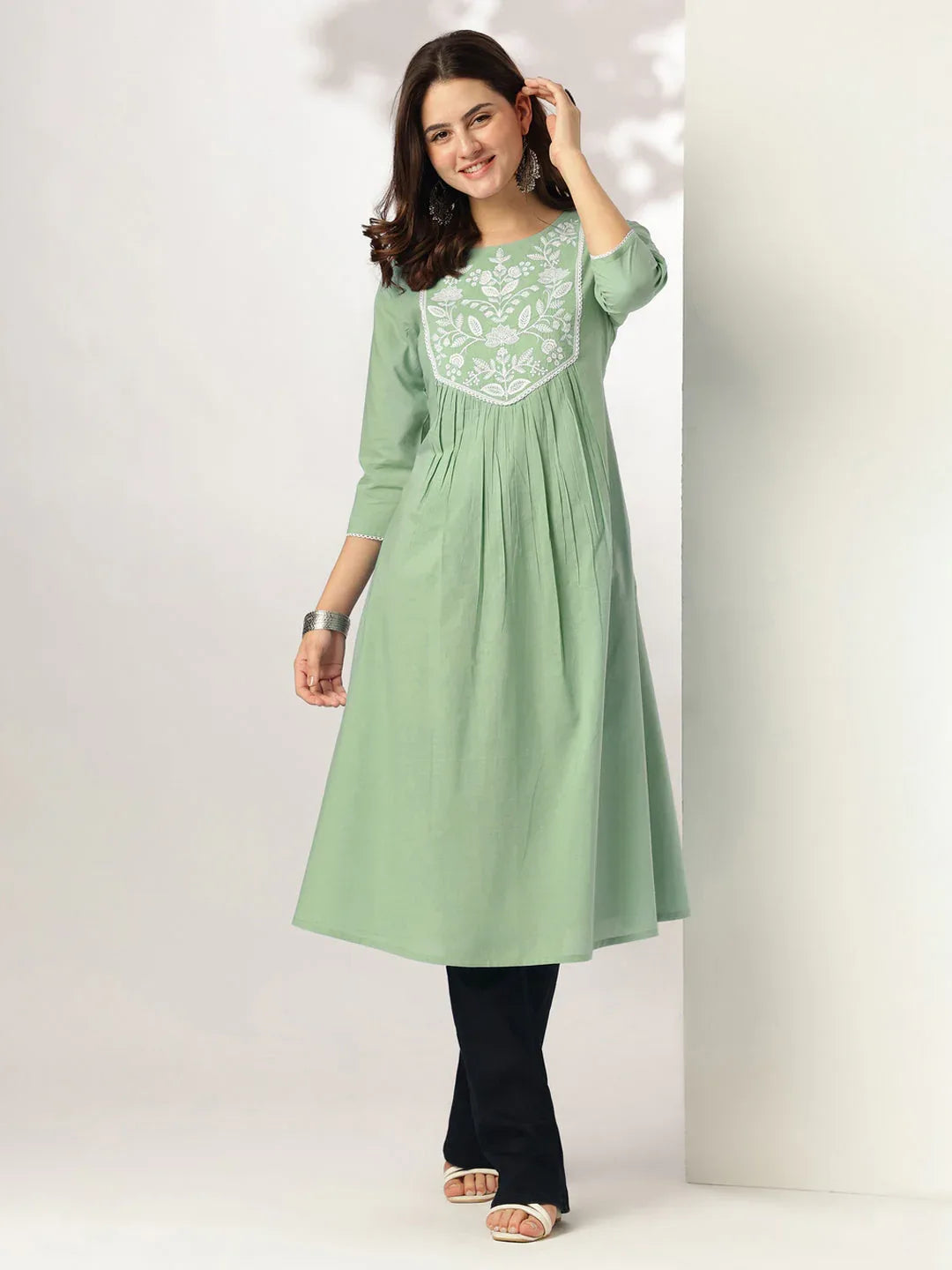 Janasya Women's Light Green Pure Cotton Yoke Embroidery A-line Kurta