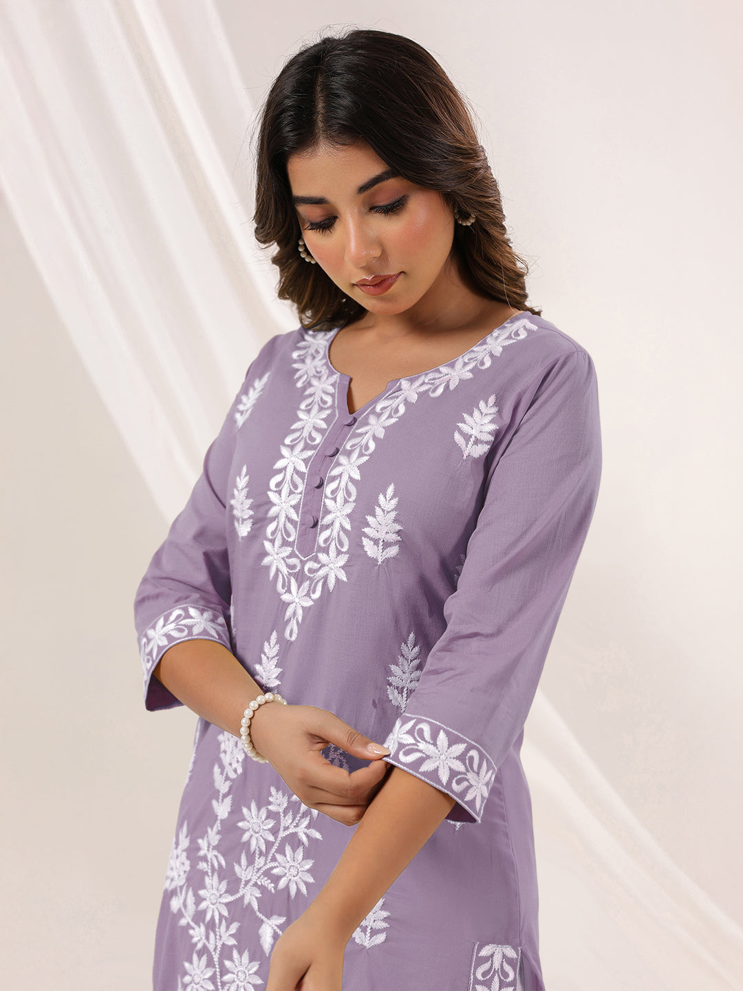 Janasya Women's Light Purple Pure Cotton Embroidered Straight Kurta - qivii