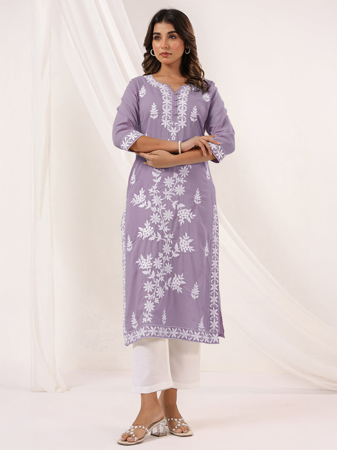 Janasya Women's Light Purple Pure Cotton Embroidered Straight Kurta - qivii