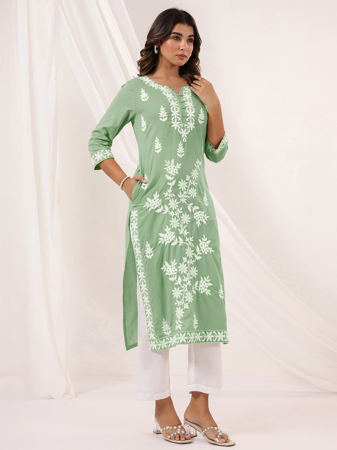 Janasya Women's Light Green Pure Cotton Embroidered Straight Kurta - qivii