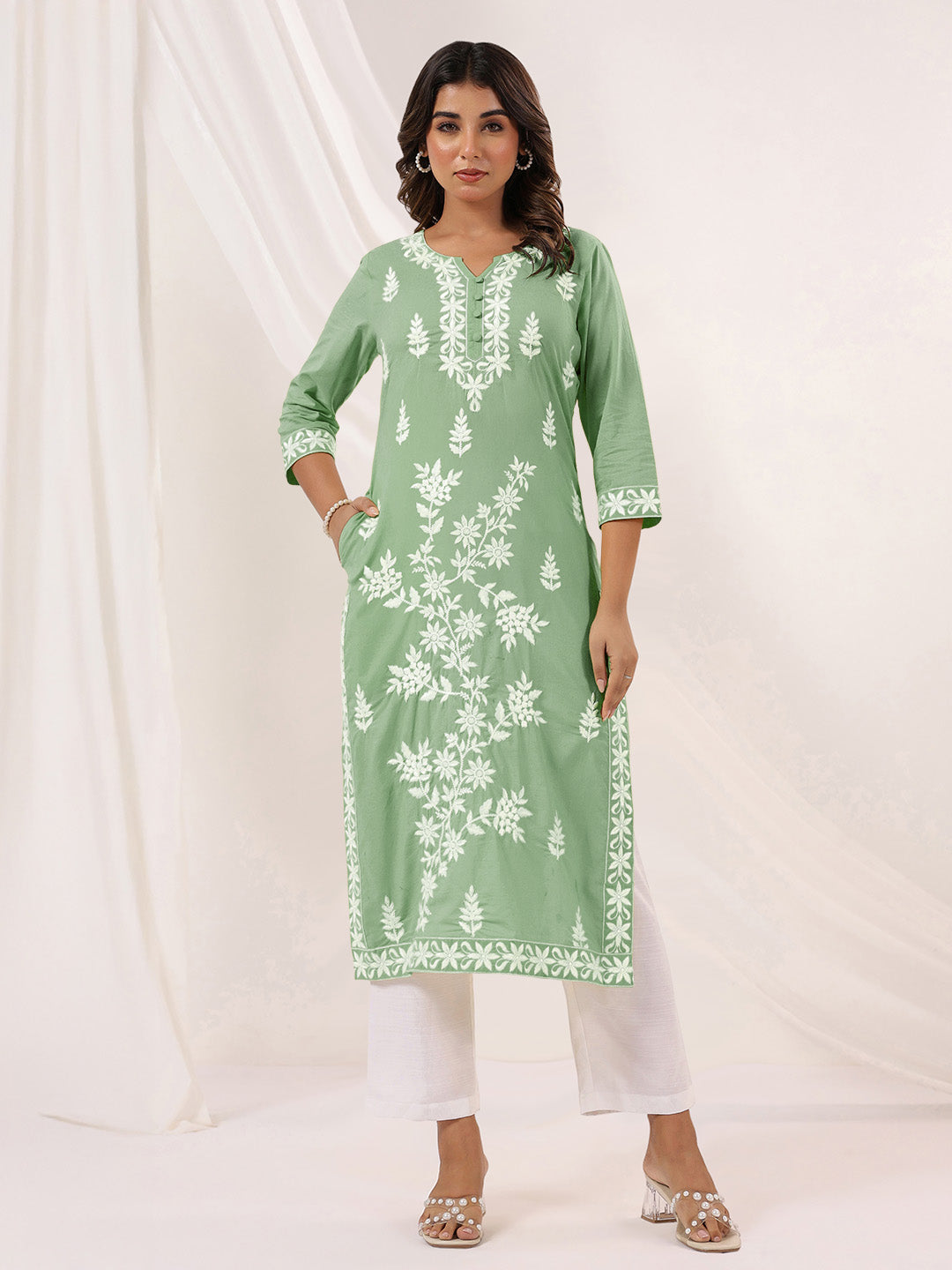 Janasya Women's Light Green Pure Cotton Embroidered Straight Kurta - qivii