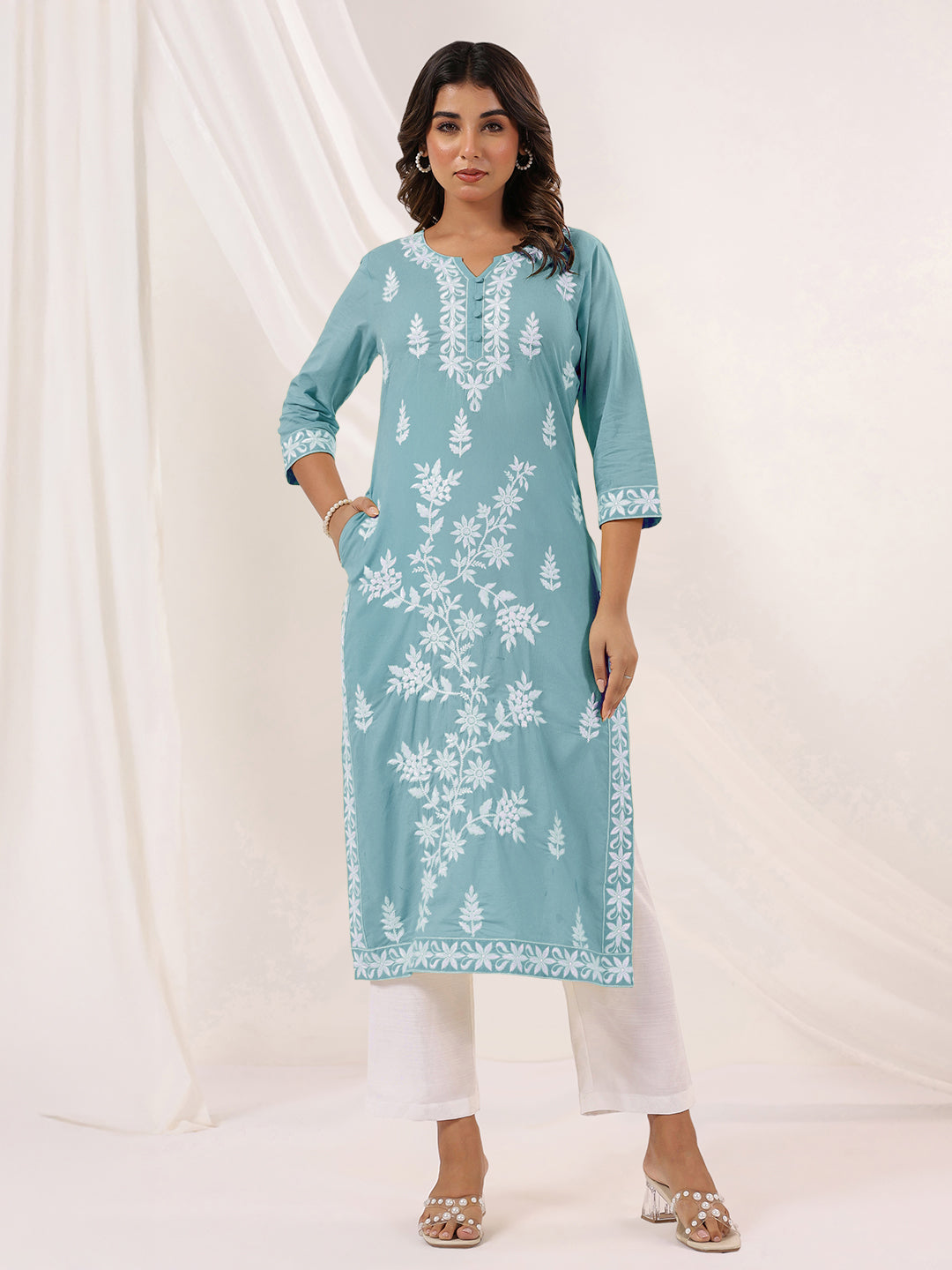 Janasya Women's Light Blue Pure Cotton Embroidered Straight Kurta - qivii