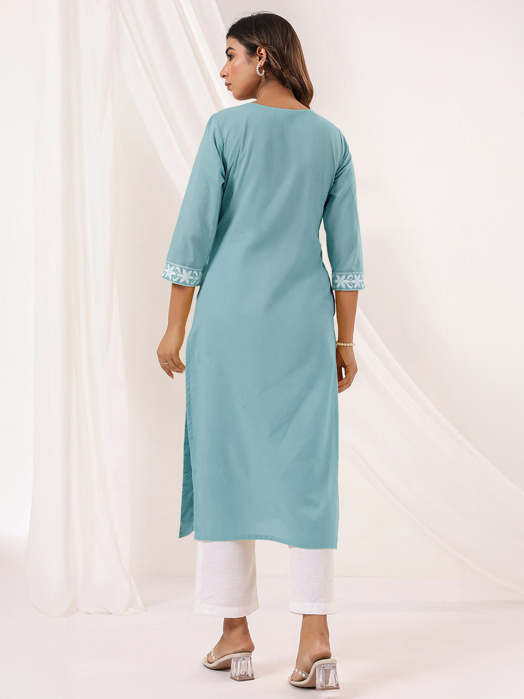 Janasya Women's Light Blue Pure Cotton Embroidered Straight Kurta - qivii